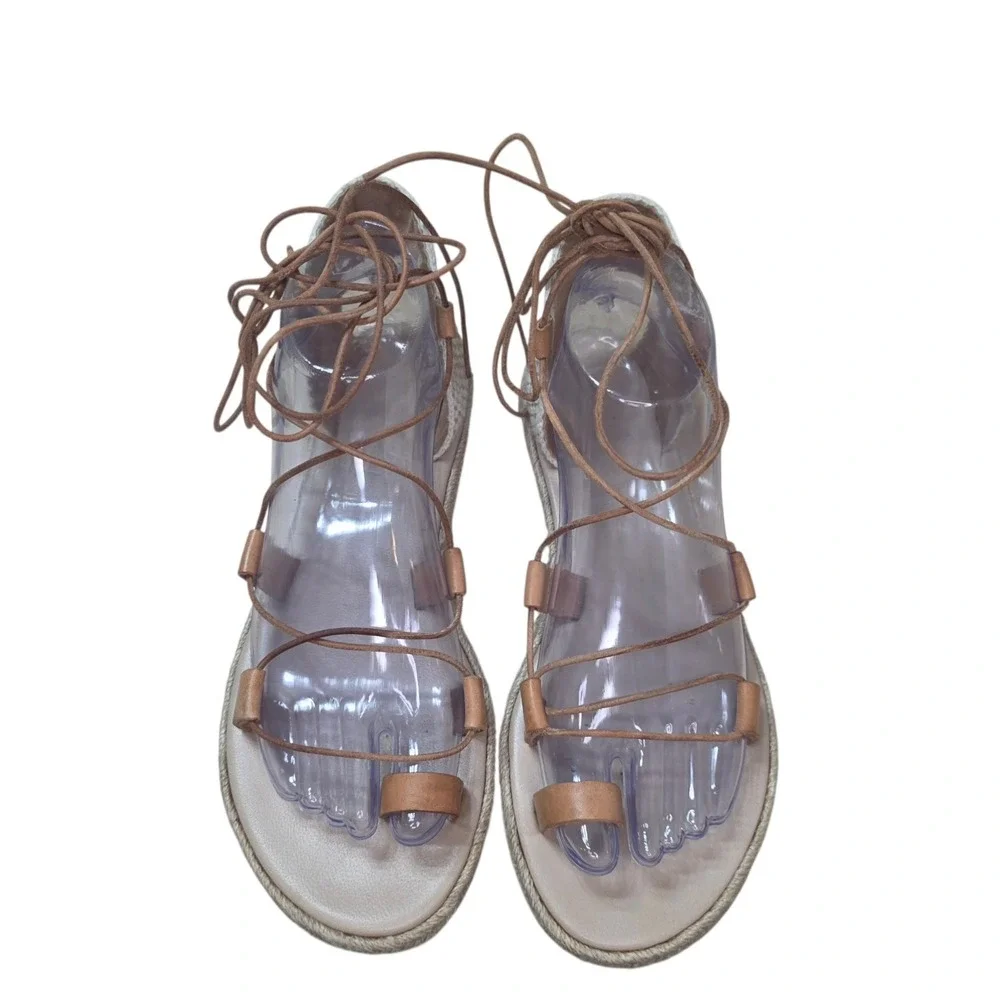Ancient Greek Sandals Womens 38 Leather Lace Up Gladiator Espadrille Tan